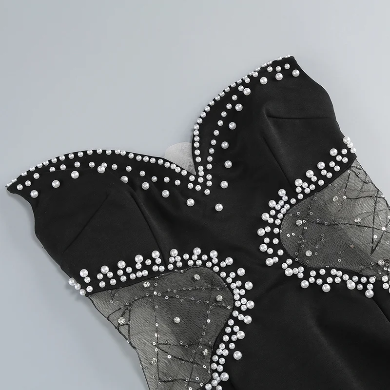 A9582 New Fashion Women Beaded Mini Prom Dress Black Sexy Night Club Ladies Party Dress