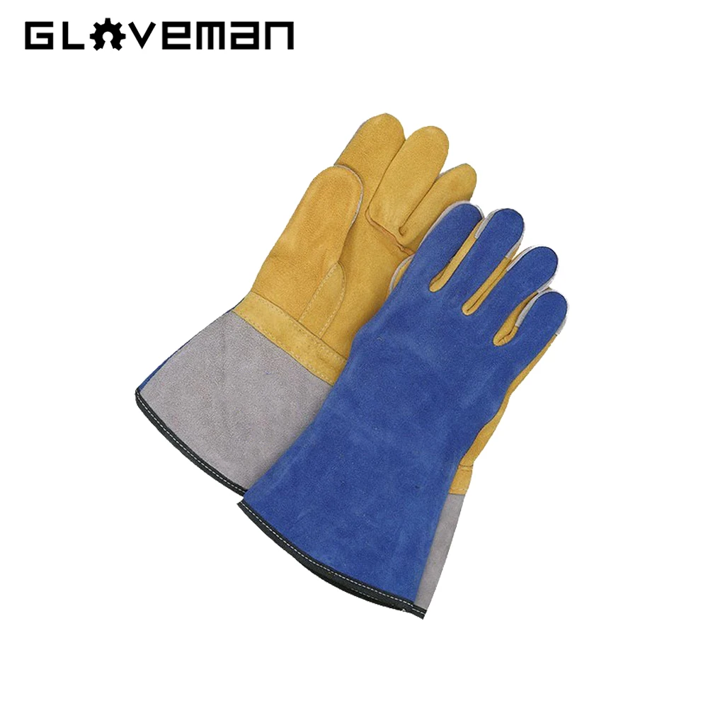 GLOVEMAN custom long cowhide heat resistant fire proof construction industrial safety work tig cow split leather welding gloves