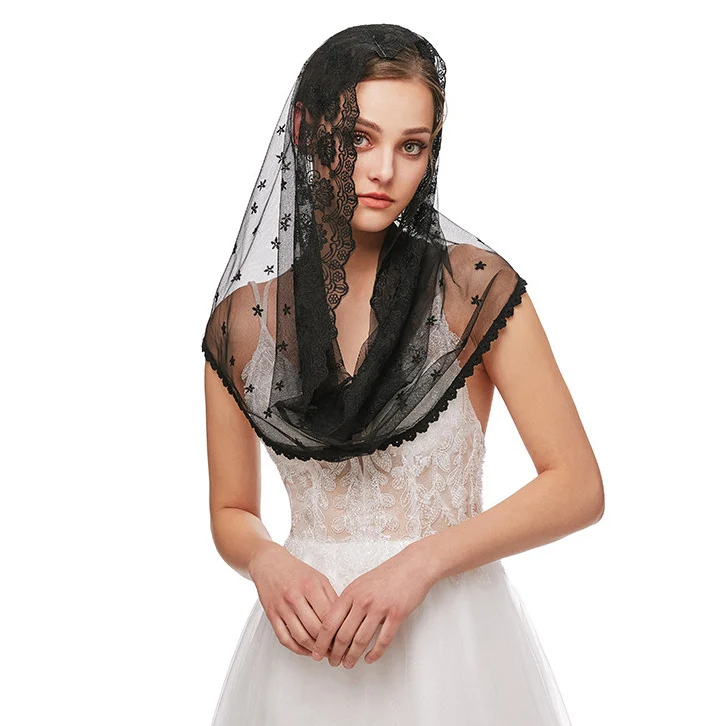 Y-Z Muslim Bridal Veil Wedding Headdress Lace Hair Veil Scarf Shawl Black White Cape Wholesale Yarn Lace Edge Embroidered