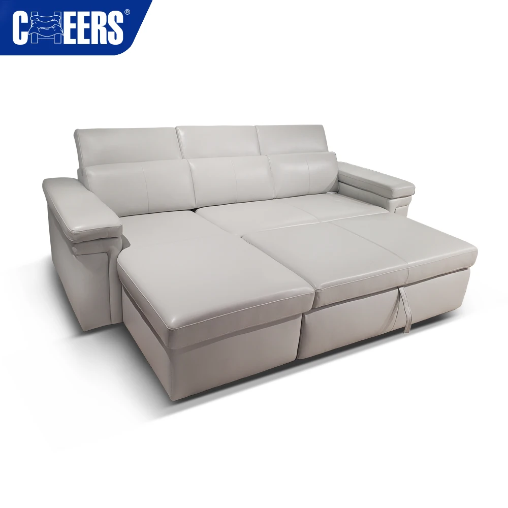 MANWAH CHEERS White Genuine Leather Sleeper  Foldable Sofa Bed for Living Room Home Furniture