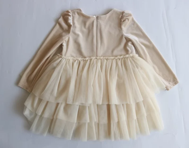 Spring Girls Ruffles Print Sweet Party Style Tutu Dress Long Sleeves with round Neck Solid Color Autumn Plain Dyed Girl Dress
