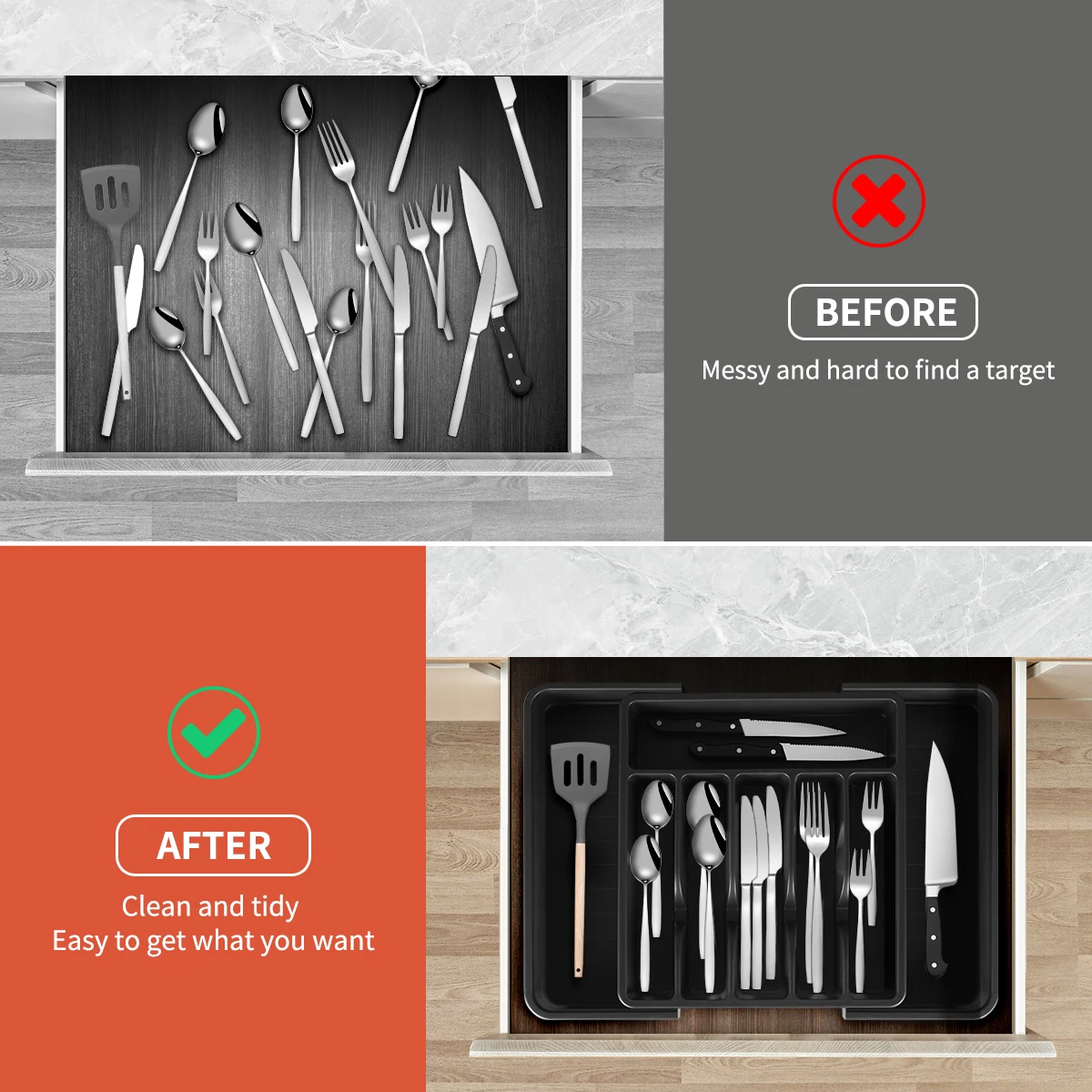 Wholesale Plastic Drawer Utensil Storage Tray Adjustable Cutlery Tray Expandable Organizer Tray For Cutlery