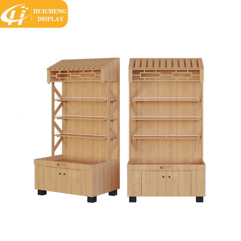 Customized Factory price  Boutique store design supermarket wooden wall mounted display rack gondola shelving with metal stopper