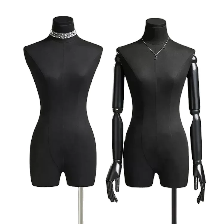 Adults upper body fabric covered female mannequins black dress form dummies with flexible wood arms for clothing store display