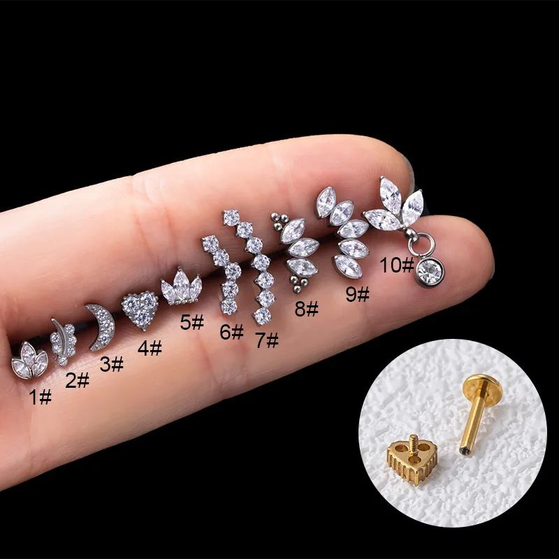 1.2x8mm G23/f136 Titanium Implant-grade Zircon Crown Lip Ear Body Piercing Jewelry