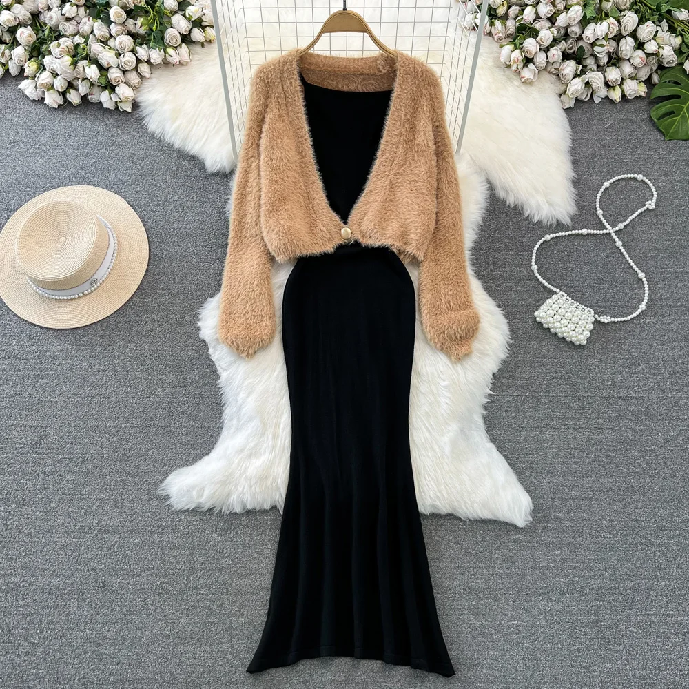 Customized Long Sleeve Fur Coat Two Piece Set Women Slim Slim Wrap Hip Dress