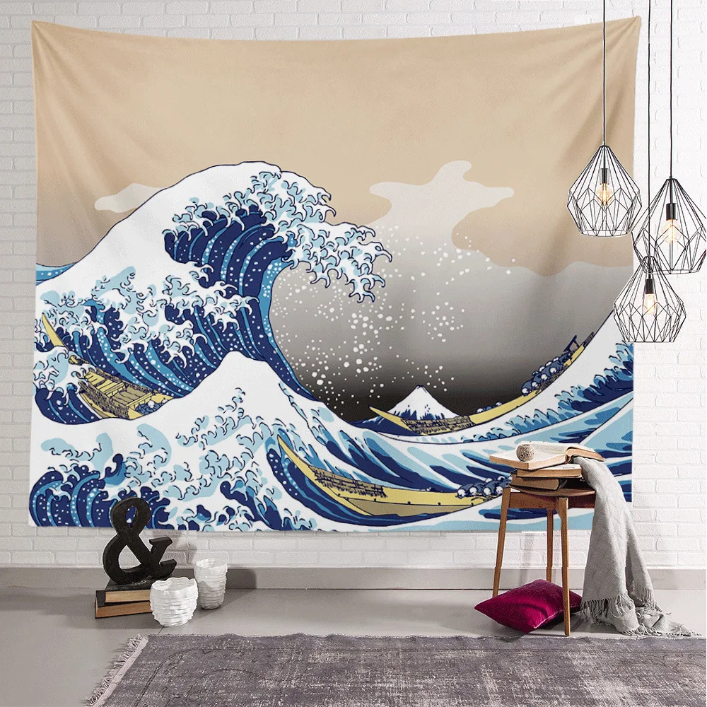 Printed polyester  Art background cloth decorative Ins beach towel Japanese Ukiyo Kanagawa wall hanging tapestry