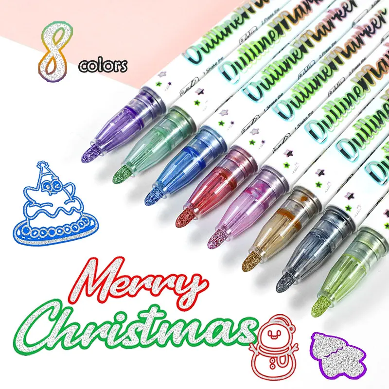 Customized Double Line Outline Marker Pen Kids Colored Permanent Metallic Twin Outline Art Markers For Drawing Graffiti