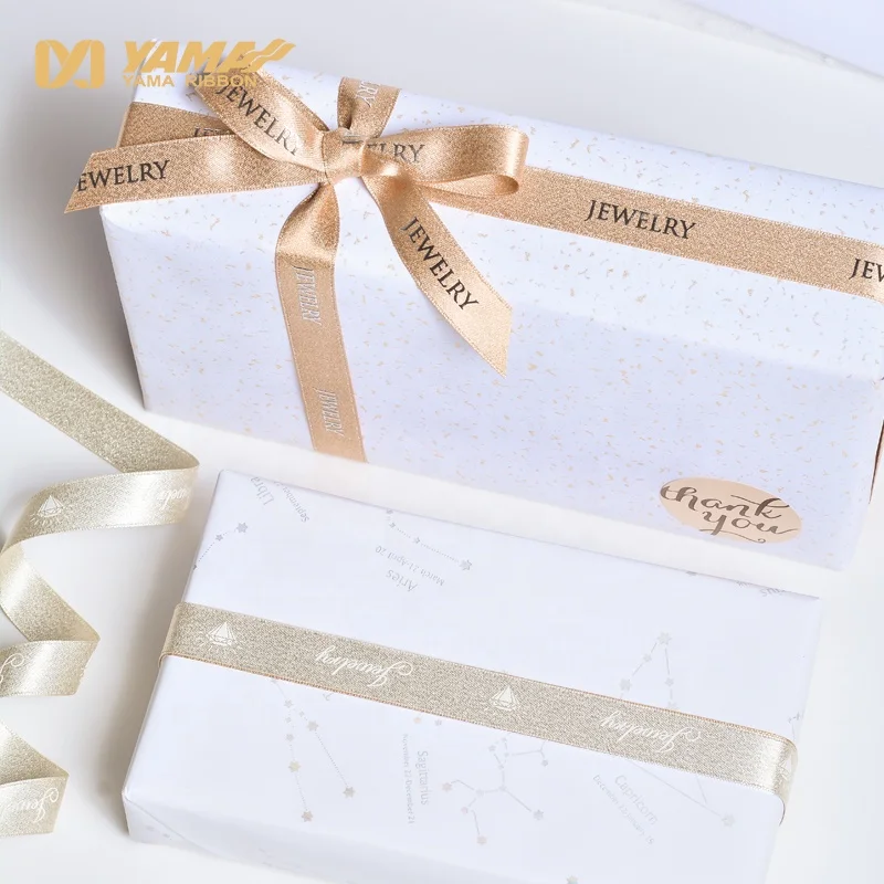 Yama Factory 3D Puff Foil Gold Printed Custom Satin Ribbon With Logo Satin Branded Ribbon