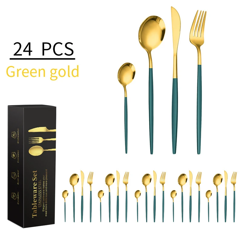 Kitchen luxury silver cutlery set 24pcs stainless steel gold cutlery flatware set