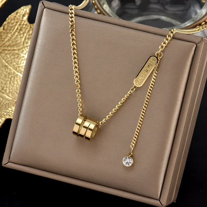 Trendy 18K Gold Stainless Steel PVD Plating Cuba Chain Crystal Tassel Transfer Twisted Pendant Temperament Clavicle Necklace