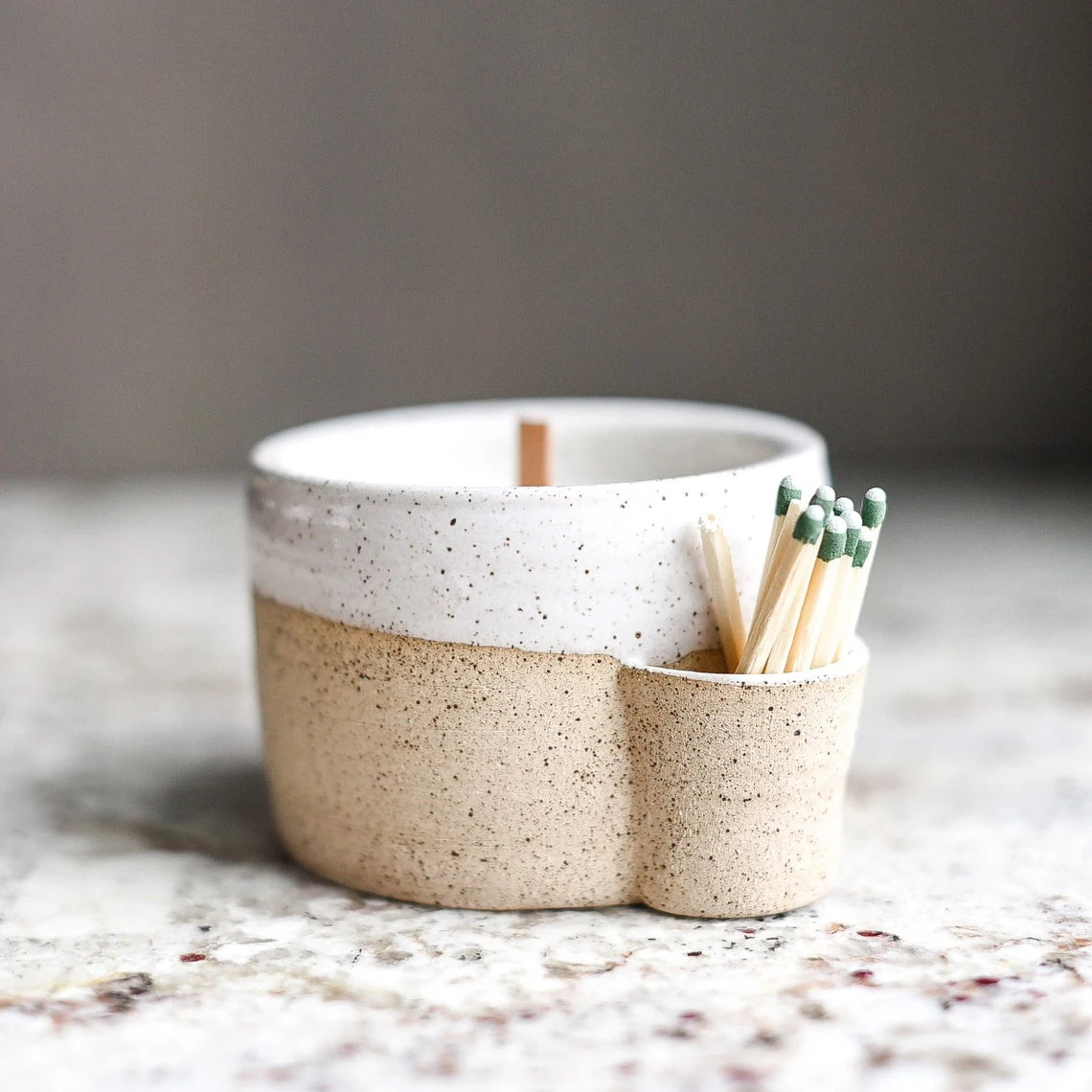 Fancy Design Speckle Glaze Matte Gift Craft Home Goods Ceramic Candle Container Jar With Match Sticks Holder (1600407085602)