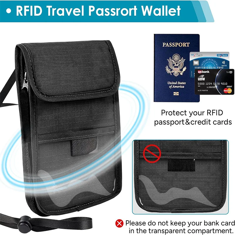 Custom Waterproof Large Capacity Family Rfid Travel Zipper Passport Card Badge Holder Accessories PVC Neck Wallet Bag