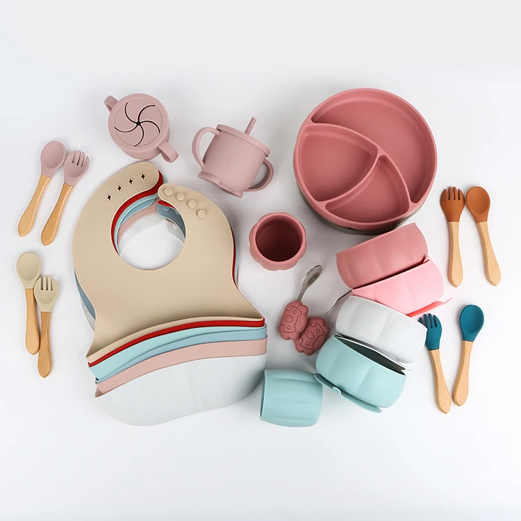 2024 Child Kids Tableware Snack Sippy Drinking Cup Placemat Bib Feeding Set Suction Silicone Baby Bowl Plate With Spoon Fork