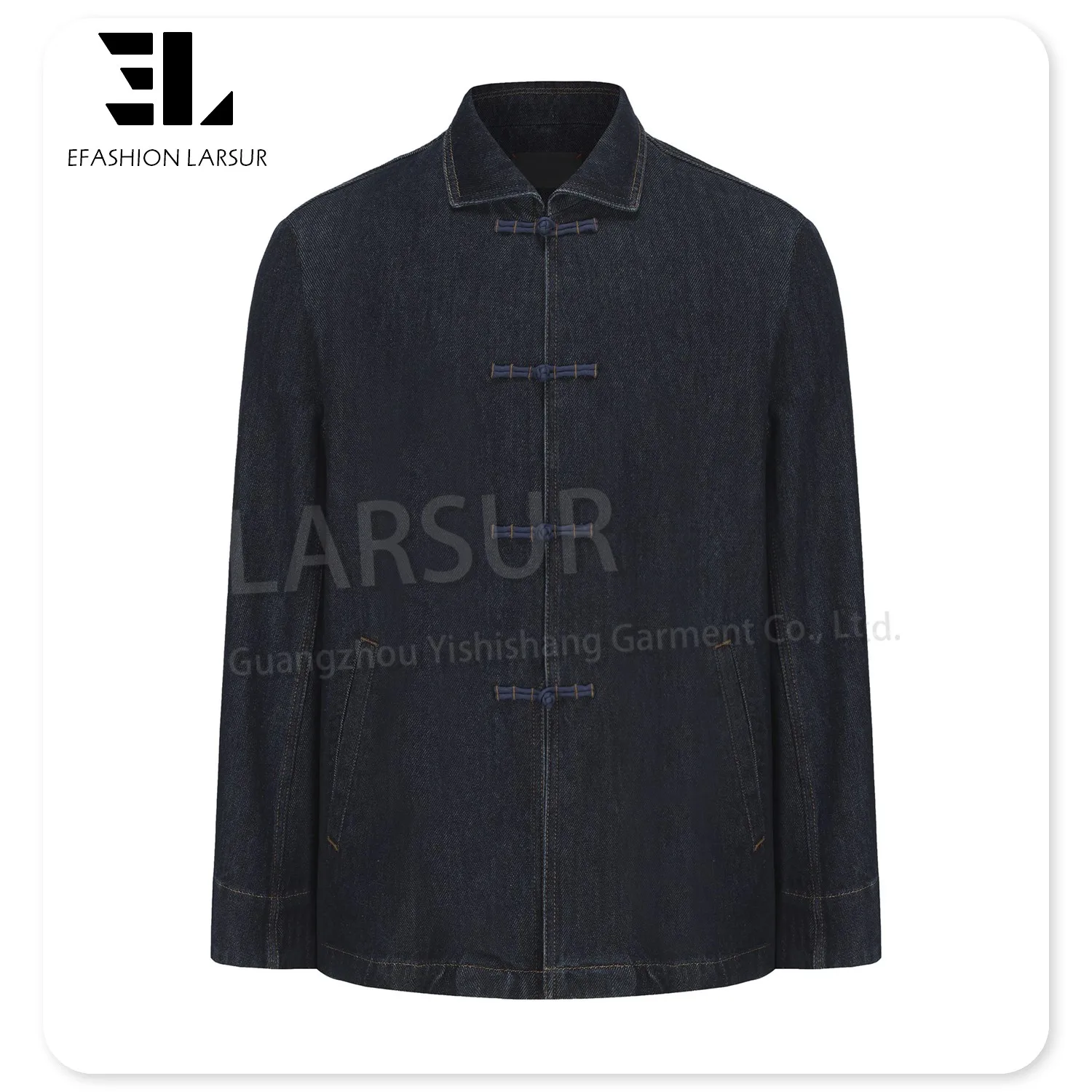 LARSUR clothing manufacturers custom New Chinese Style denim jacket with chinese closure frog knots denim tang suit jacket