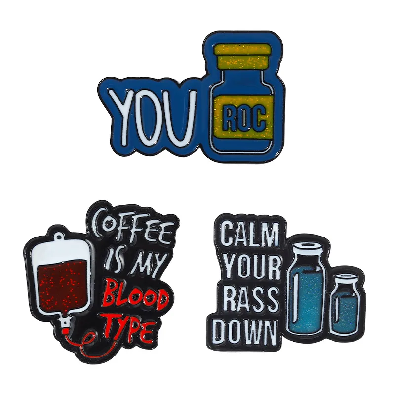 Hot Sale New Arrival Medical Series Alloy Brooch Creative Blood Transfusion Bag Letter Medicine Bottle Shape Enamel Pin Badge