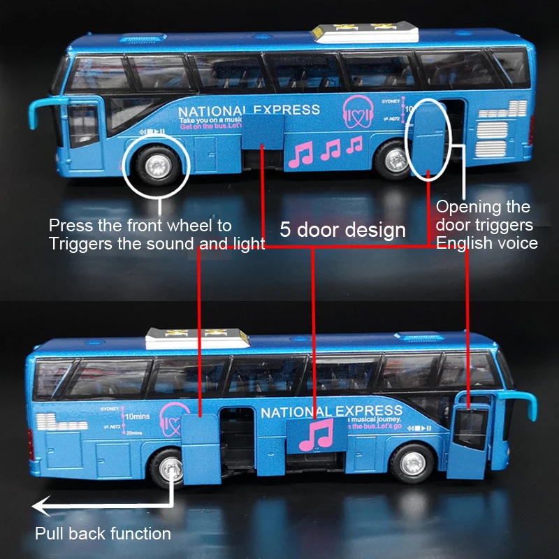 New Product 1:62 Metal Vehicle Kids Toy Electric Light Sound Pull Back Zinc Alloy Bus For Children