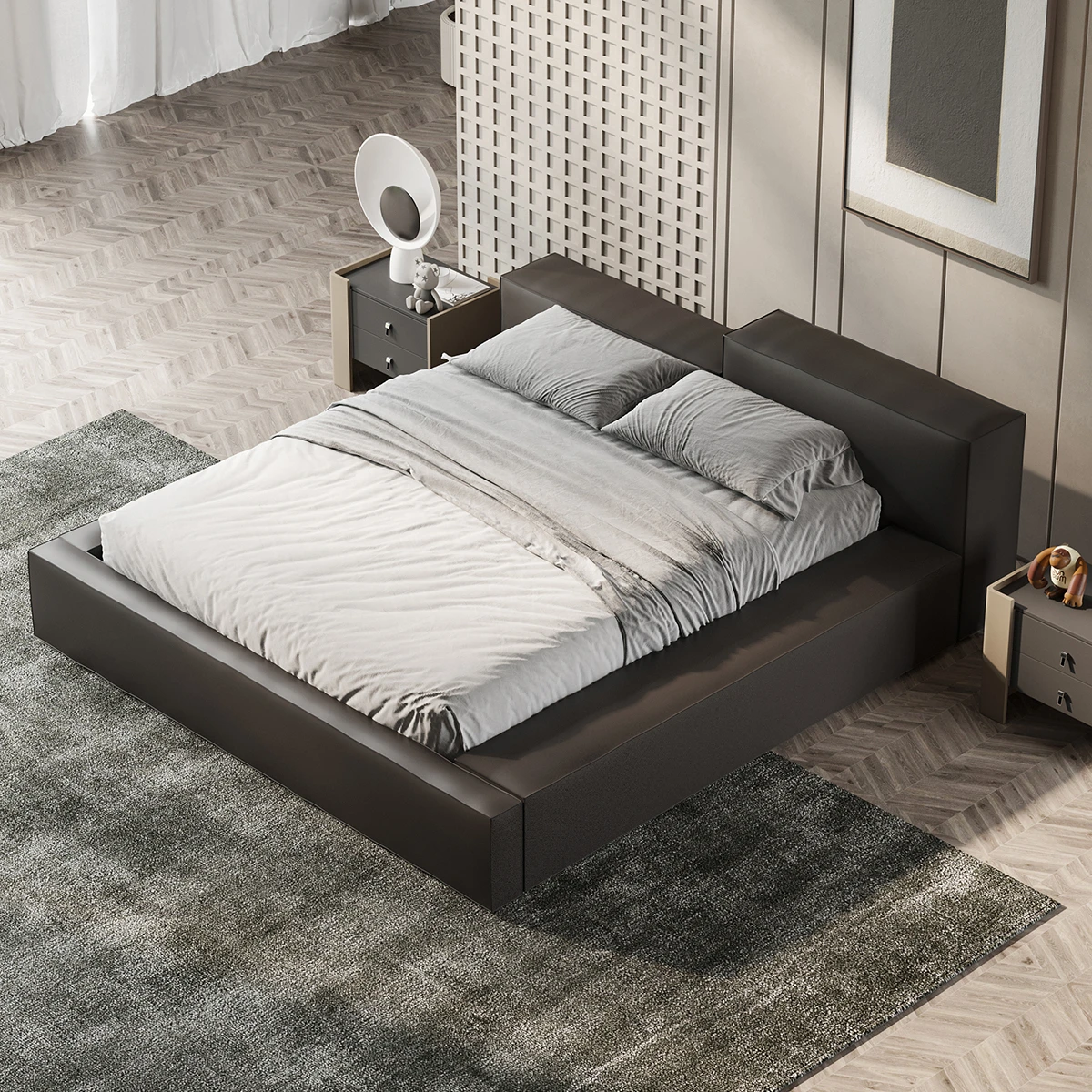 Cheap price wholesale synthetic leather king size bed modern design hotel leather bed solid wood frame luxury bedroom bed