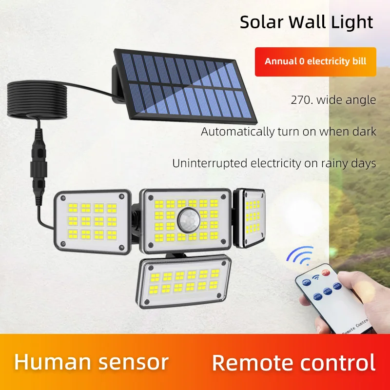 Solar Outdoor Lights Remote Control 4 Heads Motion Sensor Lights IP65 Waterproof 270 Wide Angle Flood Wall Lights With 3 Modes