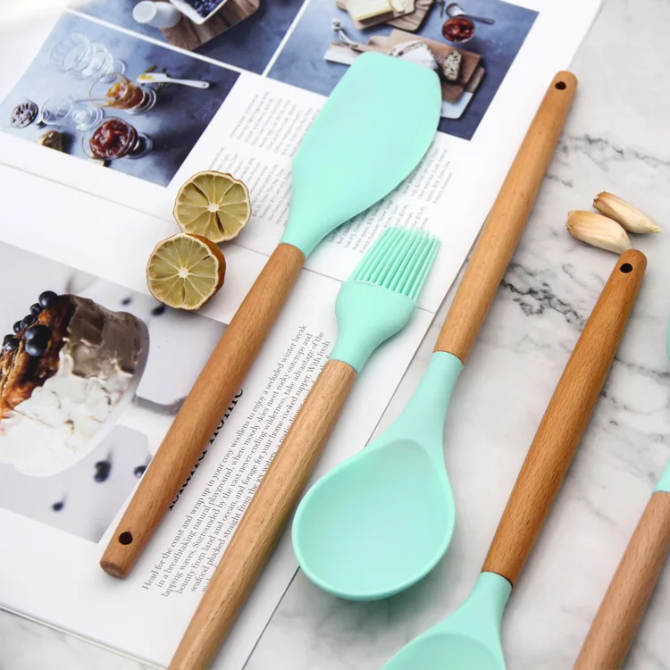 Non Toxic 12 pcs Cooking Tools Kitchenware Cocina Spatula Silicone Kitchen Utensils Set With Wooden Handles