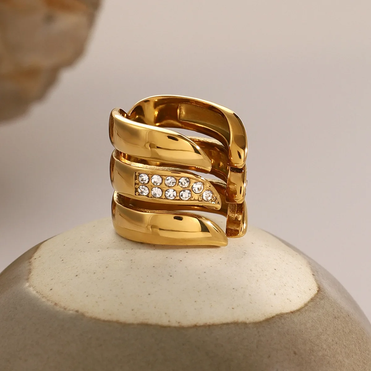 Hypoallergenic 18k PVD Gold Plated Stainless Steel Feather Shape Rhinestone Earrings Women Three-Layer Stone Ring Jewelry Set