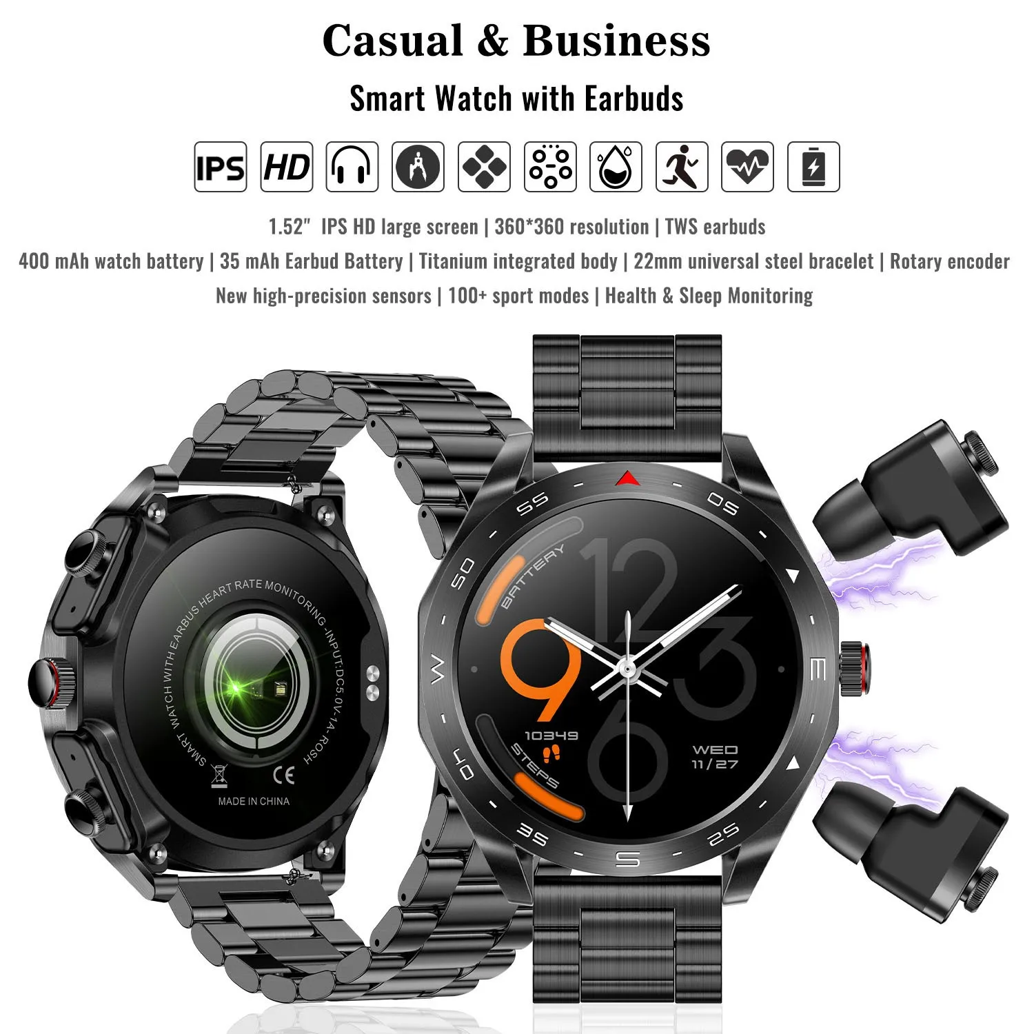 New T95 with TWS Bluetooth headset earphone smartwatch 1.52 inch AMOLED large screen battery bracelet smart watch