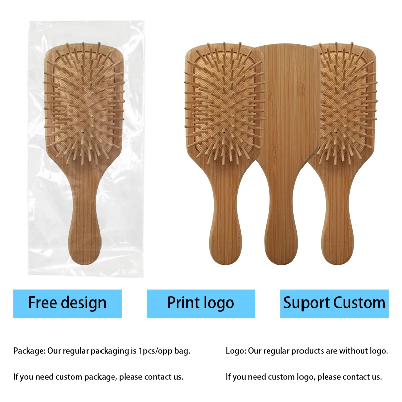 Amazon Hot Eco-friendly bamboo wood detangler hair brush Private label natural rubber cushion paddle wooden hair comb for Salon