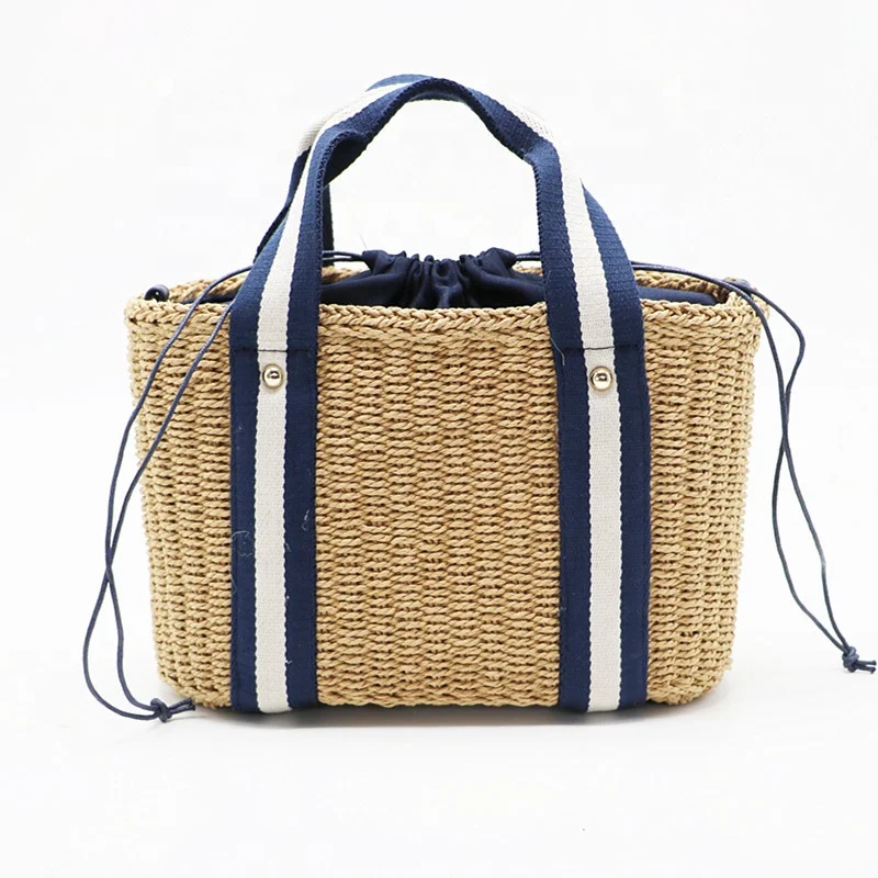 High quality natural straw handbag women eco friendly webbing handle woven straw shoulder bag with drawstring pocket