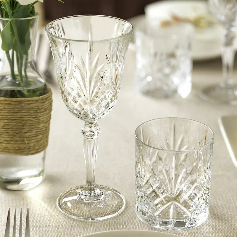 Embossed design hand carved exquisite whisky high goblet glass banquet bar transparent crystal wine glasses mixing glass