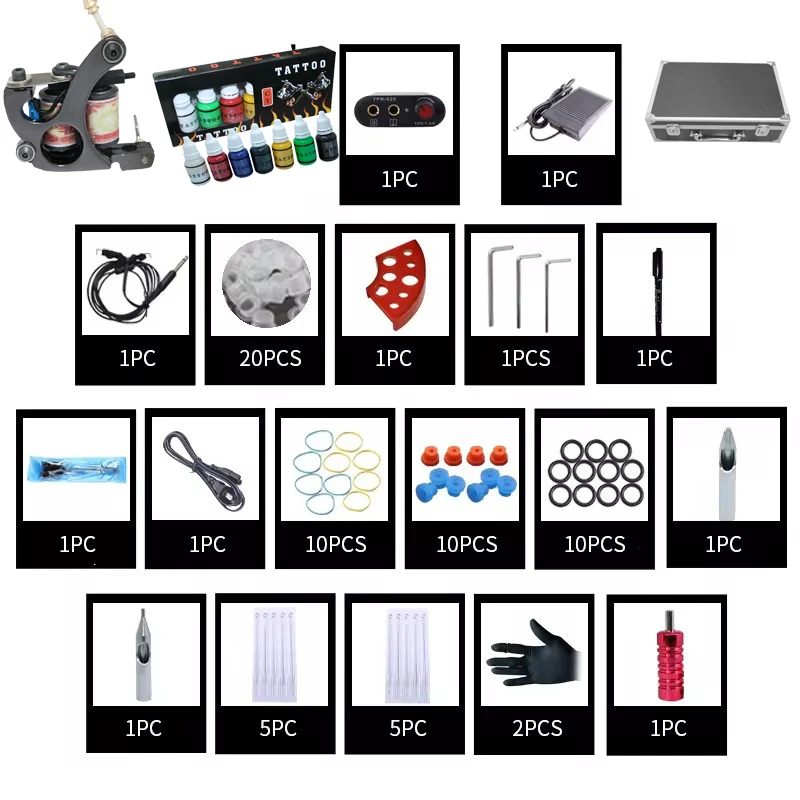 Tattoo Student  kits  With 1Coil Tattoo Guns 1mini Power Supply  7 ink  colors Complete Tattoo Set