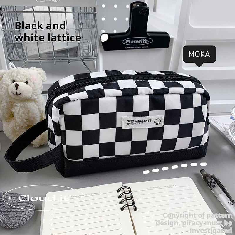 MOKA Classic milk pattern black and white chessboard grid pencil case large capacity student grid buggy bag pencil box