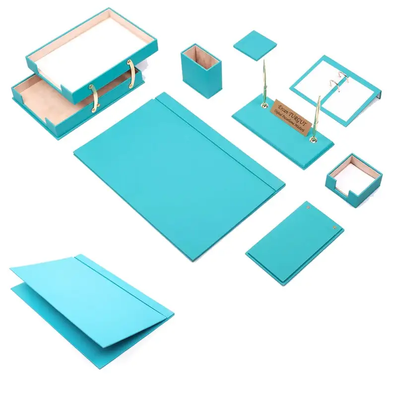 10 pcs Custom Logo Pu Paper pen holder desk pad Leather document tray office desk accessories and organizer stationery set