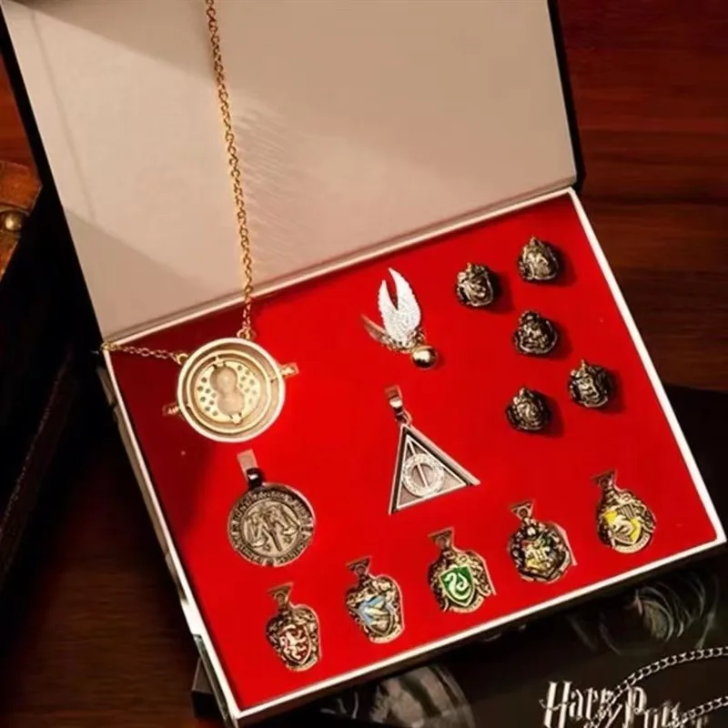 Wholesale Cosplay Accessory Movie Harry School of Magic Scepter Badge Necklace Pin Pendant Ring Set Anime Collection Box