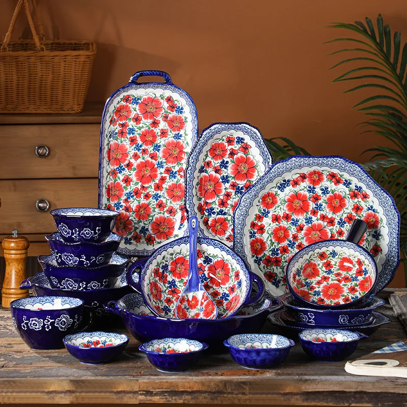 2024 New Bohemia Style Ceramic Tableware Colorful Flower Design Porcelain Dinner Sets Moroccan Plates And Bowls