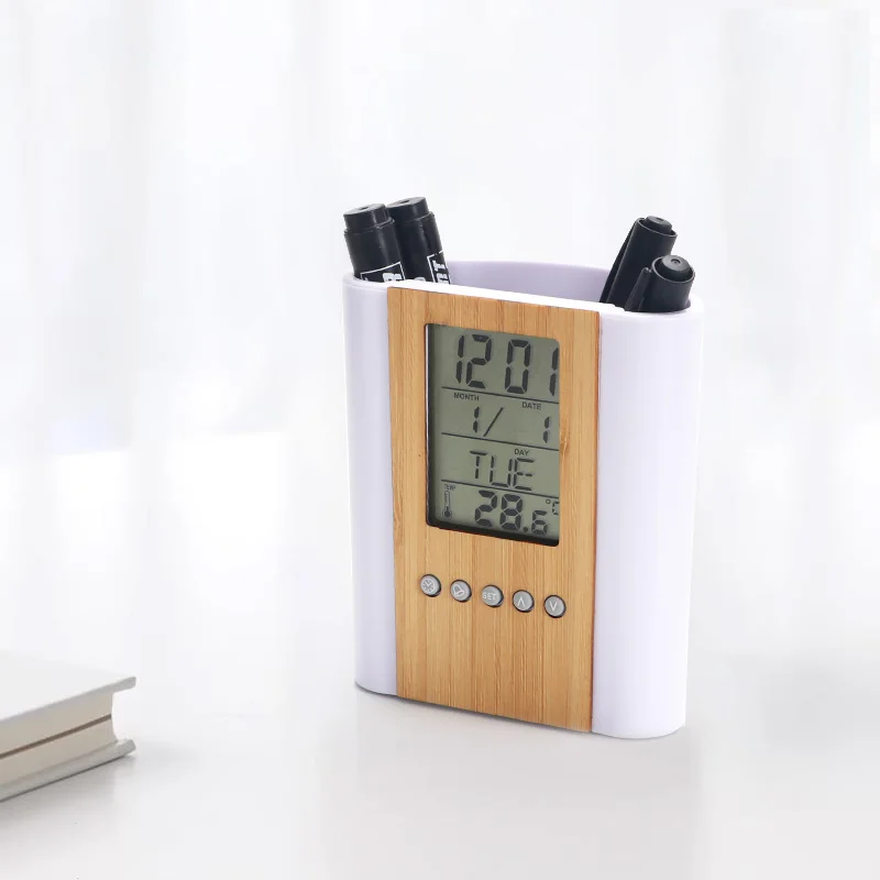 Home Style Desktop Calendar Temperature Alarm Clock Pen Holder Creative Musical Pen Container Multifunctional Pen Holder