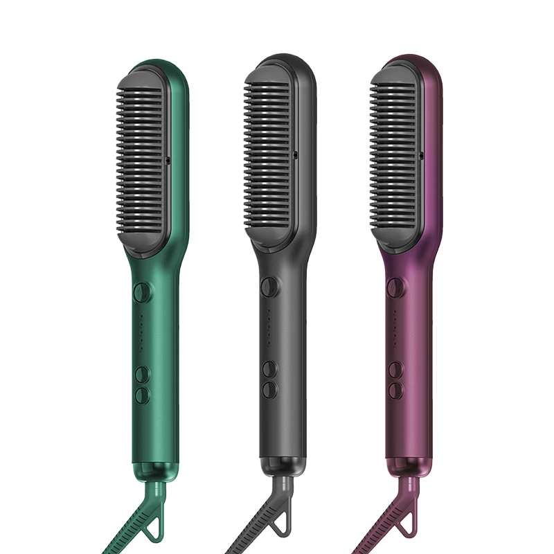 2023 negative ion ptc ceramic flat iron electric hot 2 in 1 hair straightener and curler brush comb