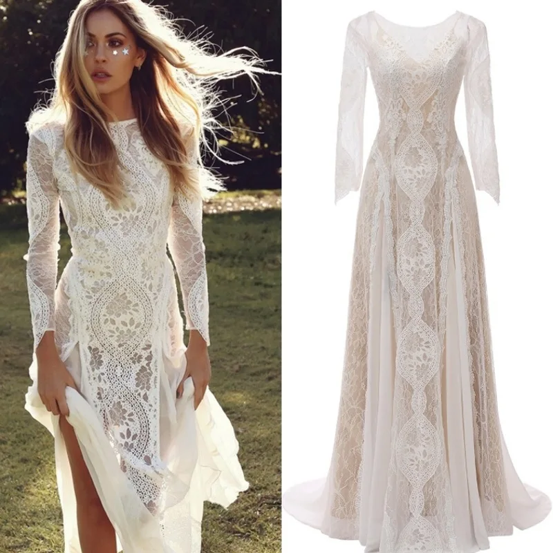 2023 Sexy Bohemian Lace Wedding Dress Long Sleeve Lace Sexy Open Back Mopping Wedding Dress