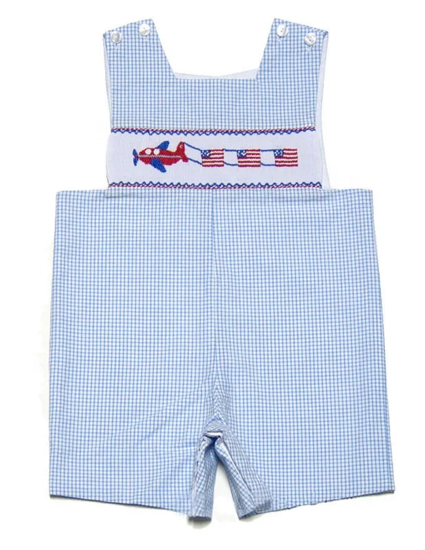 4th of July Light Blue Mini Gingham U.S Flag Smocked Patriotic Baby Boy Shortall Boy Summer Suit Best Price