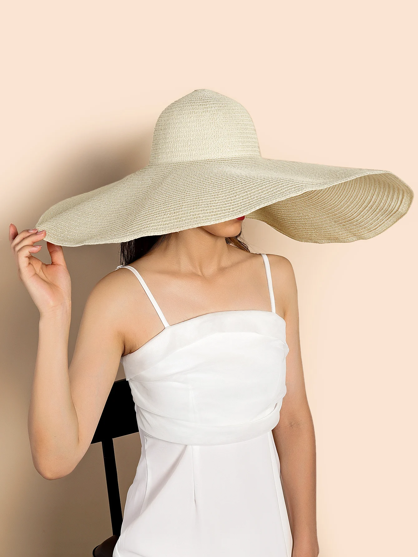 Foldable Large Brim Sunshade Hat Beige Oversized Panama Beach Women Straw Hat