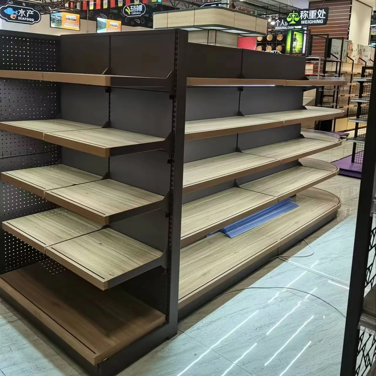 Pangdonglai Customized Heavy-Duty Steel Gondola Shelving Wood Color Display Stand Supermarket Store Equipment Commercial Rack