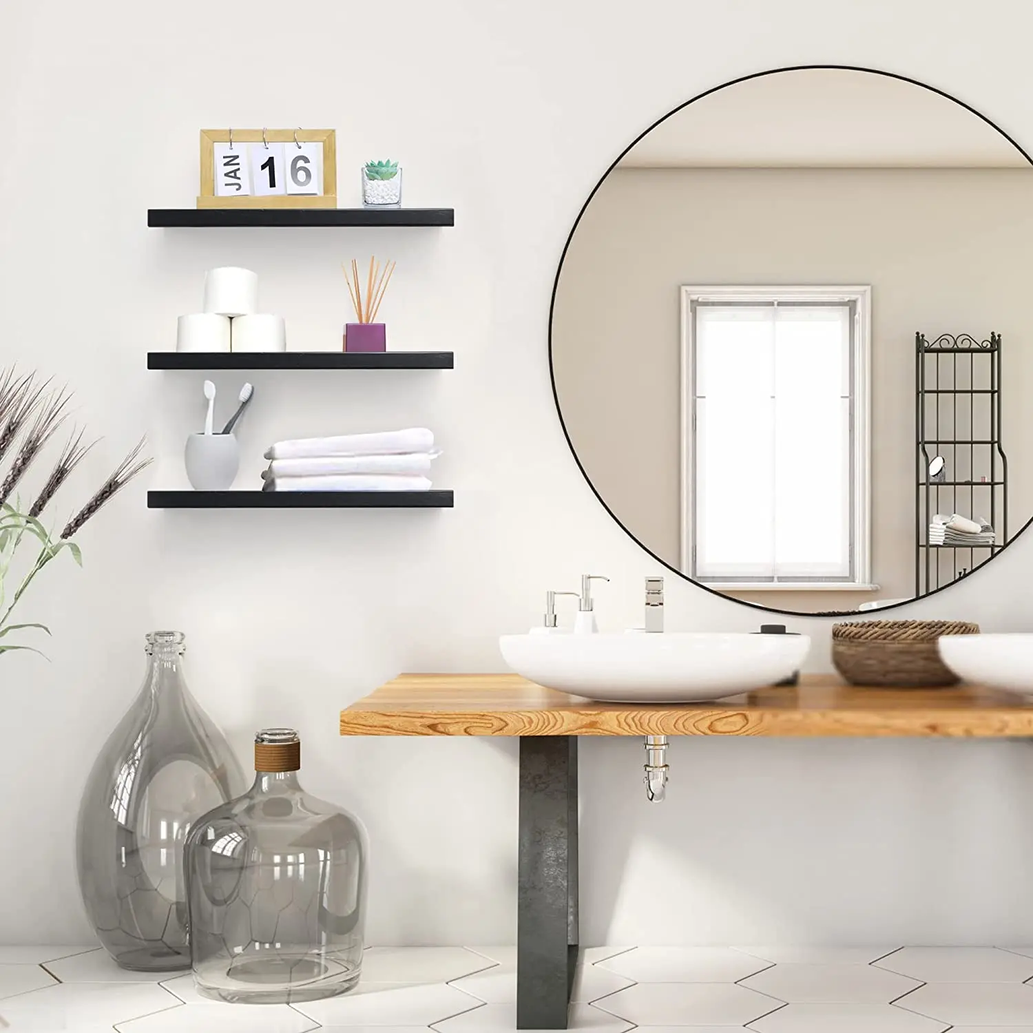 Floating Shelves Black Wood Wall Mounted Shelves with Invisible Brackets for Bedroom Living Room Bathroom Kitchen, Shelves for W