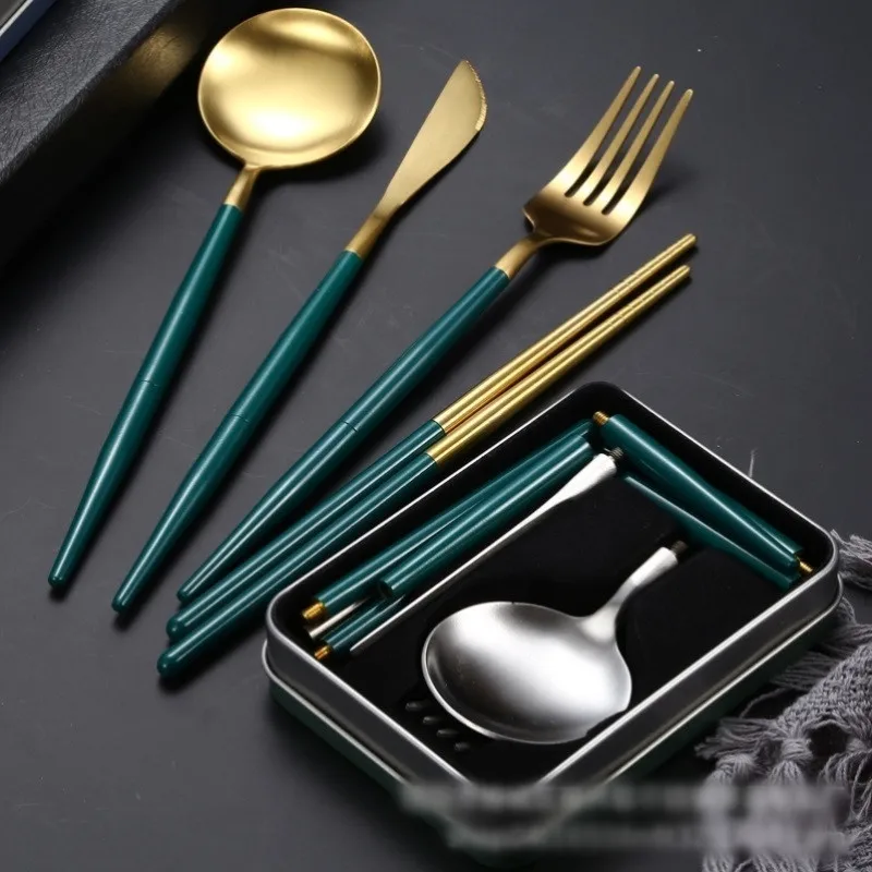Hot Selling Travel Stainless Steel Gold Flatware Set Portable Spoon And Fork Collapsible Cutlery Set