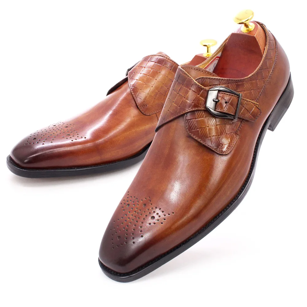 dress shoes leather formal monk strap shoes slip on with buckle office business shoes for men