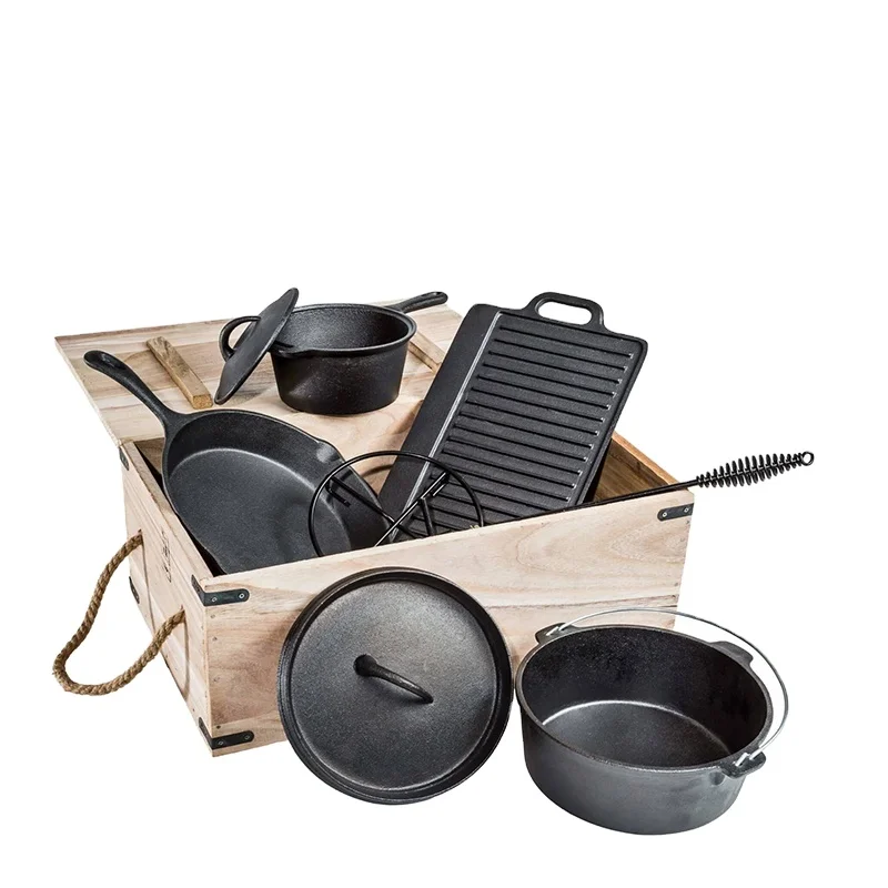Pre-seasoned Outdoor Cast Iron Cookware Set Dutch Oven Sauce Pot Frying Pan and Grill Pan