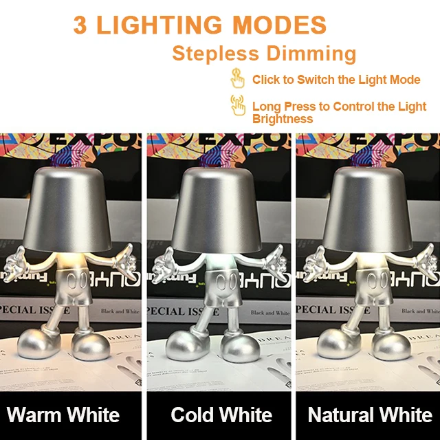 LED Rechargeable Table Lamp Bedside Touch Control Creative Little Golden Man Decorative Desk Lamp USB Charging 3Level Brightness
