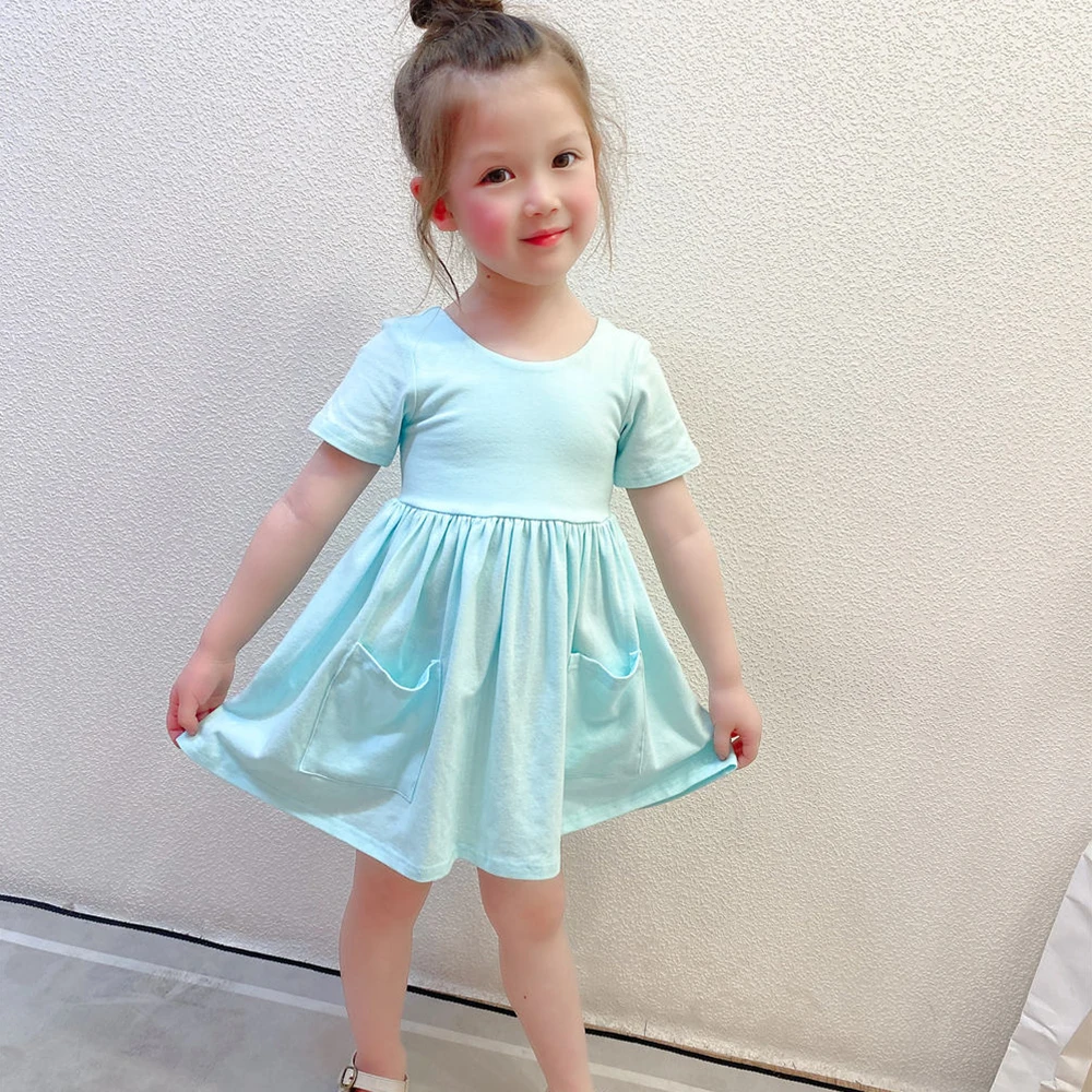 
Cute Solid Color Stretchy Kids Children Toddler Girls Short Sleeve Casual A-Line Twirly Skater Dress for School Party 2-14 Years 