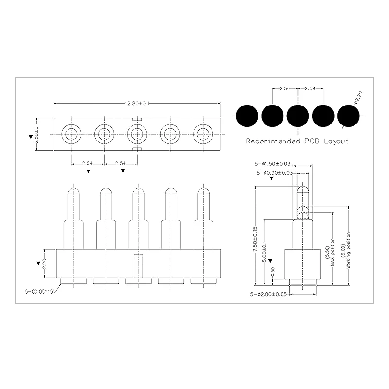 5 Pin Customize Length 5 Pin Height 7.5mm 5V 2A 12V 2A Smt Gold Plated Pogo Pin Connector