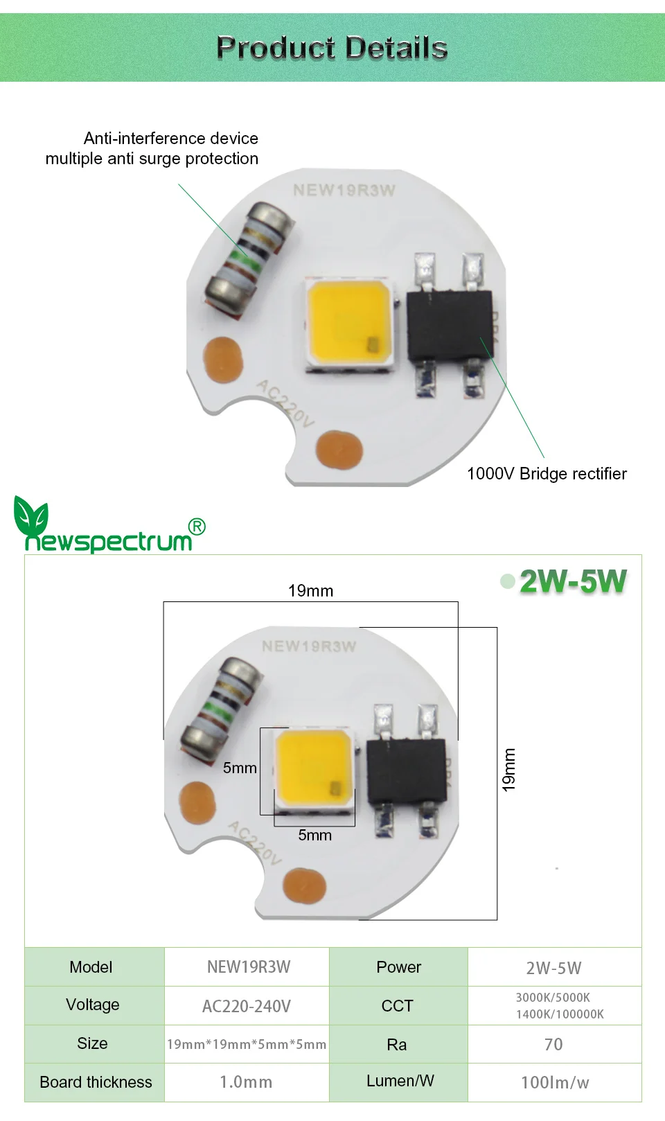 Newspectrum 19mm 3W Mini Spotlight Source LED COB Chip For Jewelry Wine Cabinet 220V 3W LED COB Chip