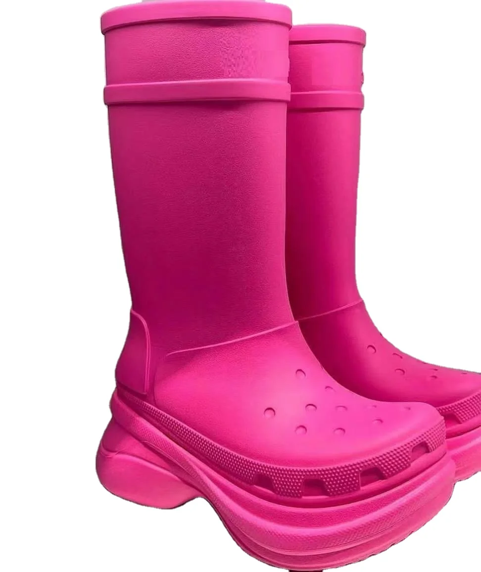 Ubililia plastic flat fashion platform knee high boots for women BV designer heel increasing jelly color Rain boots for women