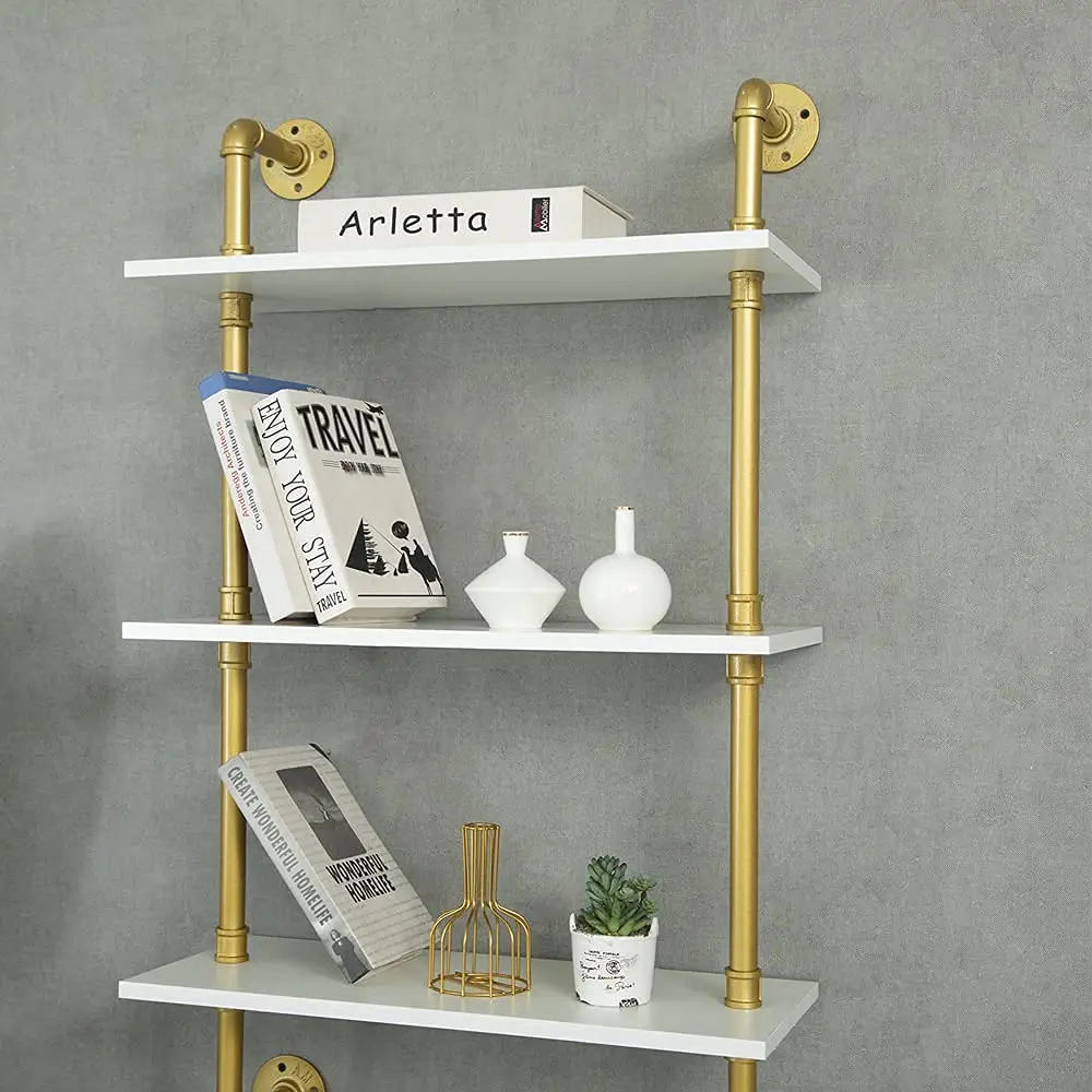 Industrial Gold Bookshelf-6 Tier Wall Mounted Ladder Bookshelf Rustic Gold Storage Book Shelves Display Bookcases for Living Ro